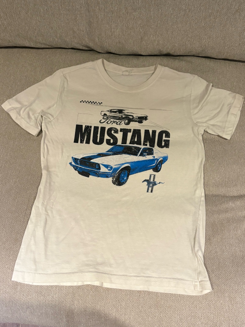 Boys White Mustang Graphic Tee with Blue Car Print